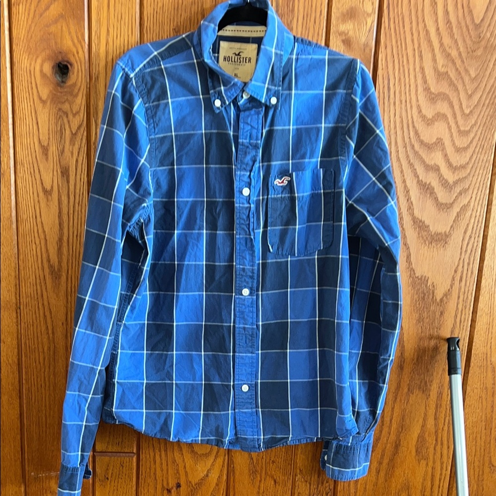 Hollister Men's Y2K Blue Checkered Button-Down Shirt Size XL